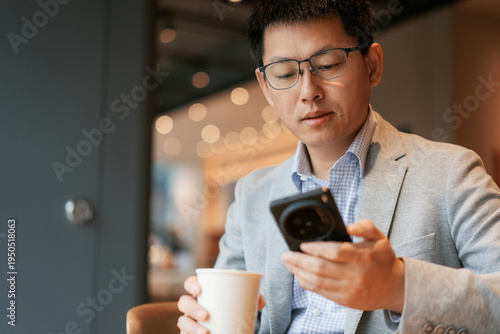 Photography A bespectacled man in a suit holds a smartphone and a coffee cup while focusing