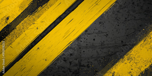 A weathered grunge texture features yellow hazard stripes painted on a dirty concrete wall to create a striking black and yellow caution pattern for construction safety and traffic warning signs