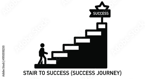 A silhouette climbs stairs towards a sign reading success symbolizing achievement
