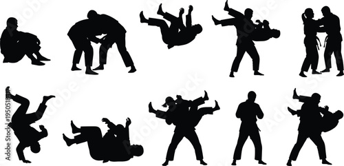 Martial arts silhouettes, judo training illustration, Brazilian jiu-jitsu grappling artwork, self-defense techniques design, combat sport motif, martial practice drawing, dynamic movement art