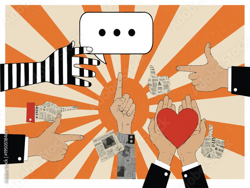 Hands holding and pointing to a heart with a chat bubble on a sunburst background with newspaper clippings  a symbolic image of communication and care