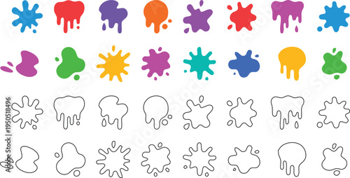 Colorful paint splatters and outlined illustrations