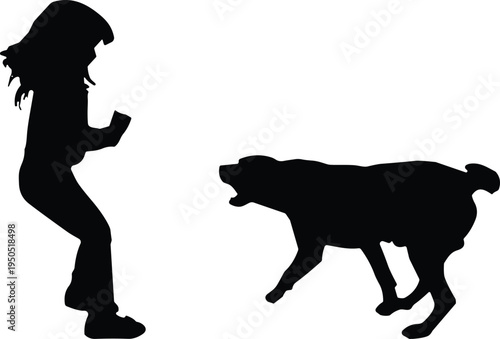 Black silhouette of a scared girl being barked at by an aggressive dog representing fear of animals, pet safety, childhood phobias, and canine behavior.
