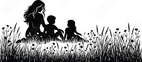 Mother with Children Sitting in Wildflower Meadow Silhouette, Loving Family Bonding Outdoor Nature Scene, Motherhood Parenting Care Vector Illustration