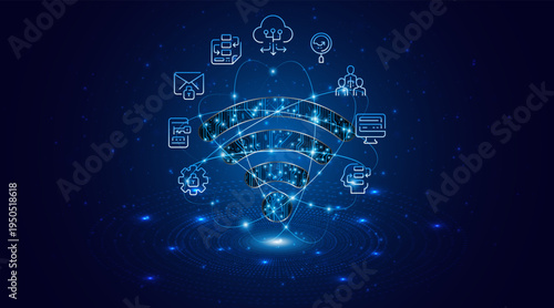 The concept of a Wifi symbol with a circuit board. Internet connectivity or wireless communication technology.
