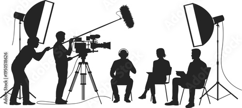 Silhouette of film crew shooting interview scene with camera operator boom mic lights interviewer interviewee in studio production setup.
