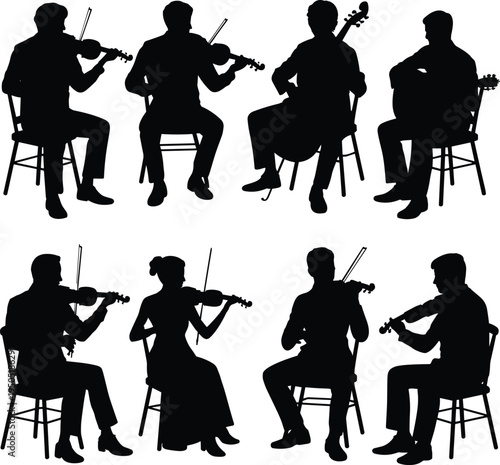 Musicians, Orchestra, Ensemble, Band, Violin, Cello, Guitar, Strings, Performance, Concert, Classical, Music, Group, Silhouette, Instrument, Harmony, Melody, Symphony, Illustration, Artwork