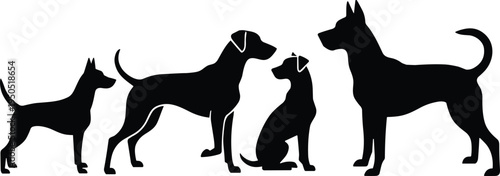 Black silhouettes of various dog breeds including labrador and terrier standing and sitting in a row isolated on a white background for pet design.