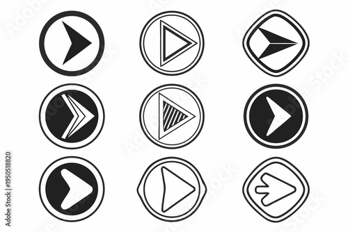 Comprehensive vector graphic illustration showcasing a collection of nine distinct play and forward arrow icons for modern digital interface design.