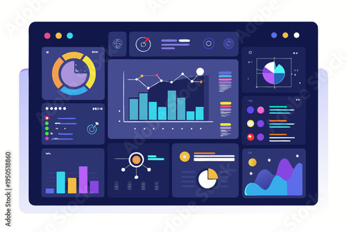 Modern vector graphic illustration of a data analytics dashboard presenting diverse charts, graphs, and statistical information for business analysis and reporting.