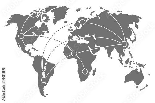 Global network connection illustration depicting interconnected continents and digital communication pathways across the world map vector design.