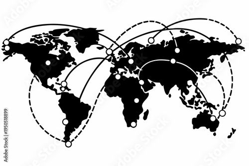 Global network illustration showcasing worldwide communication and interconnectedness across continents in a minimalist vector graphic design.