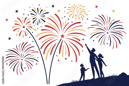 A happy family standing together on a hill, watching colorful vector graphic fireworks explode in the night sky.