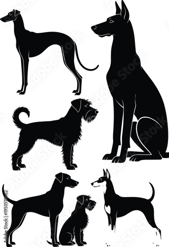 Set of Different Dog Breed Silhouettes Including Greyhound Terrier and Great Dane Icons for Veterinary Clinic Logo Design Pet Care and Animal Lover Graphics