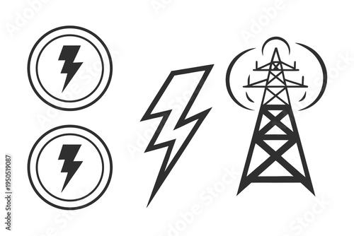 Essential vector graphic collection of power and electricity icons, featuring lightning bolts and an energy transmission tower design.