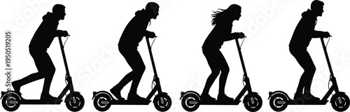 People riding electric scooters silhouettes set, young men and woman commuting on e-scooters, cad drawing flat vector illustration, urban transportation.