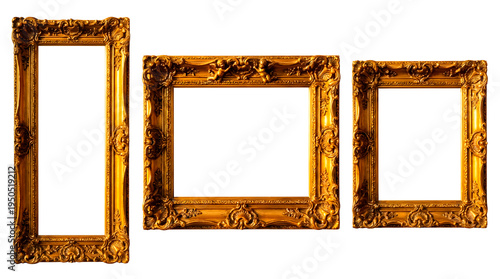 Three golden antique picture frames in different shapes and sizes, ready for art or photos. They are ornate and detailed, each a work of art in itself. 