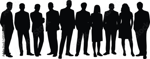 Black silhouette group of business people standing together men and women in suits professional corporate team diverse businesspeople on white background.