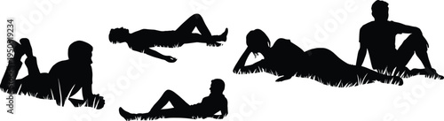 People Relaxing on Grass Silhouette Set, Men and Women Lying Outdoor Leisure Poses, Calm Nature Lifestyle Vector Illustration