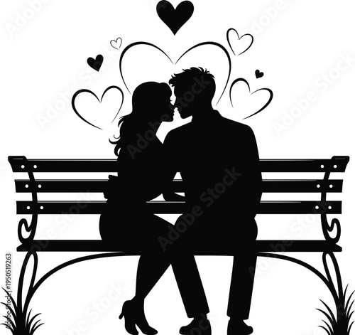 Romantic Silhouette of a Young Couple Sitting on a Park Bench Together with Heart Shapes for Valentines Day Anniversary Love and Relationship Concept Illustration