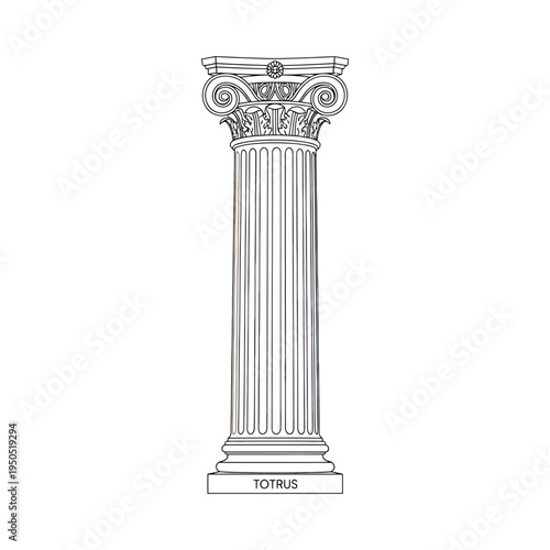 Ancient greek corinthian column illustration with ornate capital and fluted shaft on simple base with 'totius' inscription architectural heritage symbol