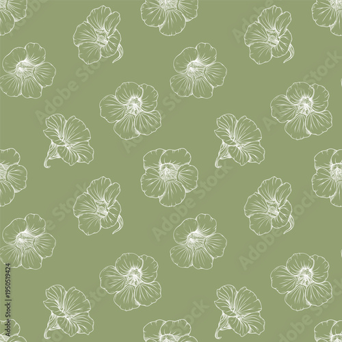 Hand drawn Nasturtium flowers seamless pattern. Minimalist botanical line art floral background for wedding stationery, organic cosmetics packaging, elegant textile design.