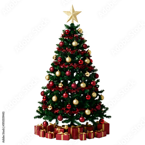 A decorated Christmas tree with ornaments and gifts beneath, capturing the festive spirit of the season. The tree is adorned with red and gold ornaments, topped with a golden star.