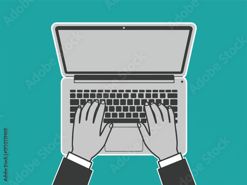 Hands typing on a laptop computer keyboard on a teal background  business productivity  work  technology