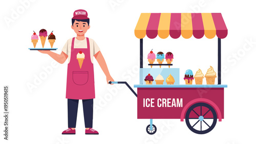 Ice Cream Vendor Delight: A cheerful ice cream vendor, smiles warmly as he prepares to serve a variety of delightful frozen treats from his vibrant ice cream cart.