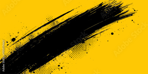 Abstract yellow grunge background featuring a black ink splash and liquid paint splatter design with dirty texture stains and artistic vector spray elements on a patterned banner