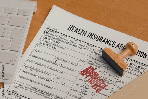 Close up of medical insurance claim form with approved stamp, healthcare coverage and patient benefits.