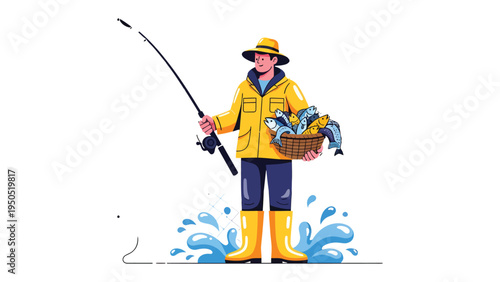 Fisherman's Bounty: A fisherman, in his yellow rain gear, stands amidst splashing water, proudly displaying his catch of the day in a woven basket. A perfect day of fishing