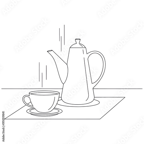 Simple line drawing of tea cup and teapot on a table minimalist design hot beverage relaxation and tranquility perfect for cafe or tea party themes