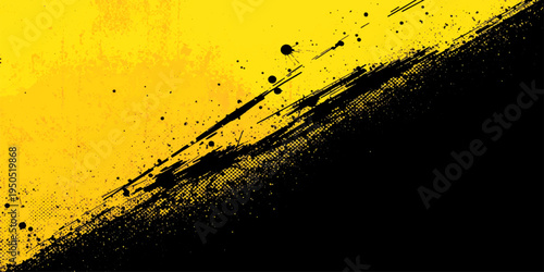 Abstract yellow grunge background featuring a dirty ink splash and black paint splatter texture with a liquid drip effect on a stained paper vector illustration