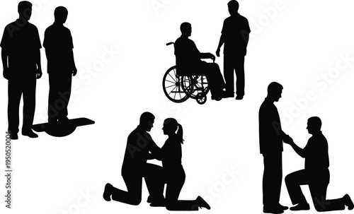 Physical therapy silhouettes, rehabilitation support figures, caregiver assistance illustration, patient recovery design,