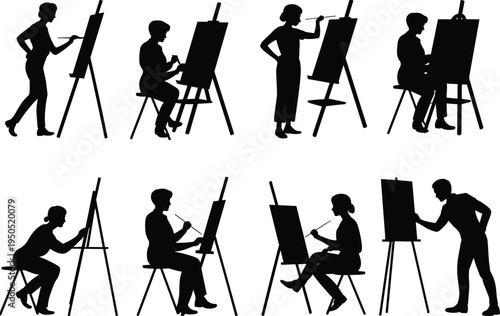 Black silhouette set of artists painters at easel various poses standing sitting male female drawing painting art class collection.