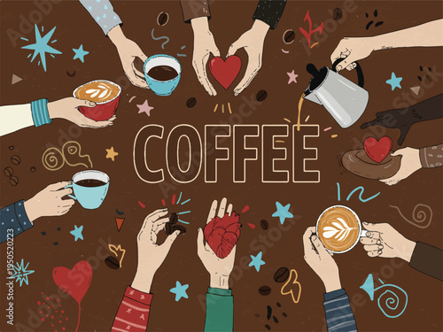 People sharing coffee and hearts in a circle with colorful decorations and coffee beans