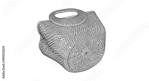 Detailed illustration of a unique, textured handbag with a circular handle.