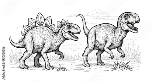 Detailed Line Art Depiction of Stegosaurus and Tyrannosaurus Rex.