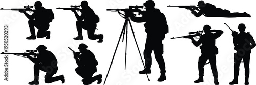 Black silhouette set of snipers soldiers marksmen with rifles scopes bipods prone kneeling standing shooting positions military tactical poses.
