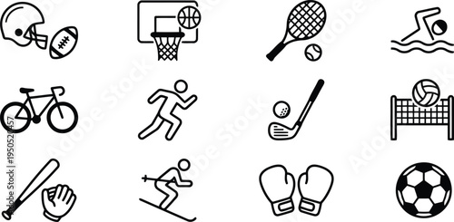 Diverse sports equipment & athletics outline icons - games, fitness, and outdoor activities set