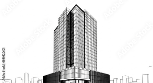 Architectural Sketch of a Modern Skyscraper with Glass Facade.