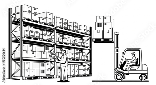 Warehouse Operations - Forklift and Inventory Management Illustration.