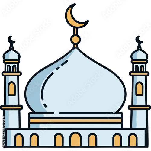 A serene illustration of a mosque with minarets and a crescent moon on top