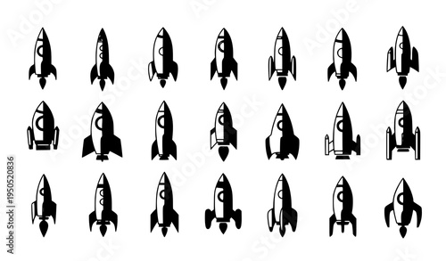 Flat rocket icon set vector with modern spacecraft launch symbols for startup and technology design