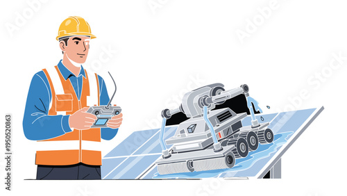 Solar Panel Inspection: An engineer meticulously inspects a solar panel with a remote-controlled robot, symbolizing a commitment to renewable energy and innovative technology.