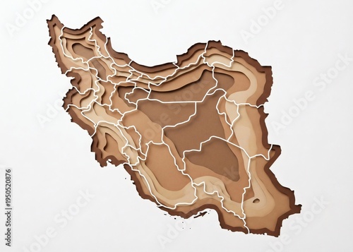 Suitable for presentations, travel websites, educational materials. Brown shaded map of iran with white borders displays intricate details and geography.