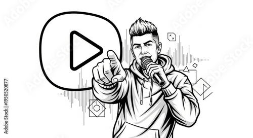 Dynamic Rapper Pointing with Play Button, Energetic Performance Illustration.