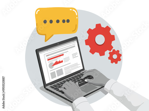 Person using laptop with speech bubble and gears  computer work concept