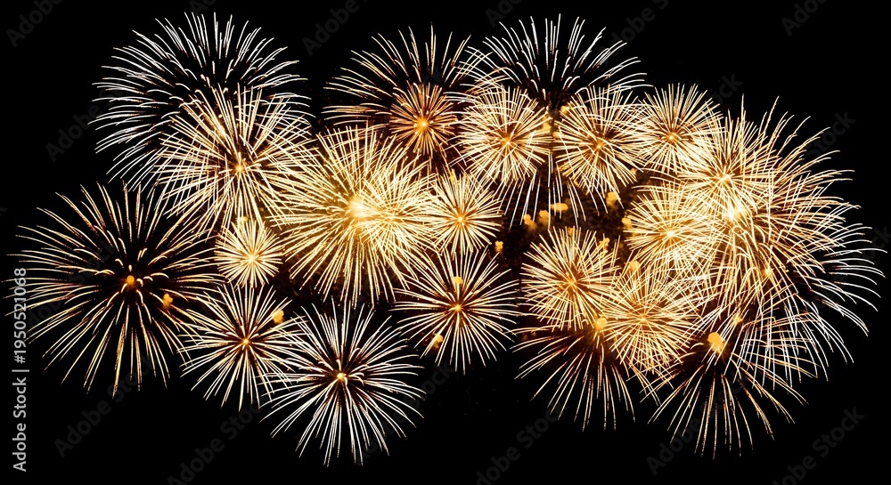 Fototapeta premium A vibrant display of multiple golden fireworks exploding against a pitch black night sky background